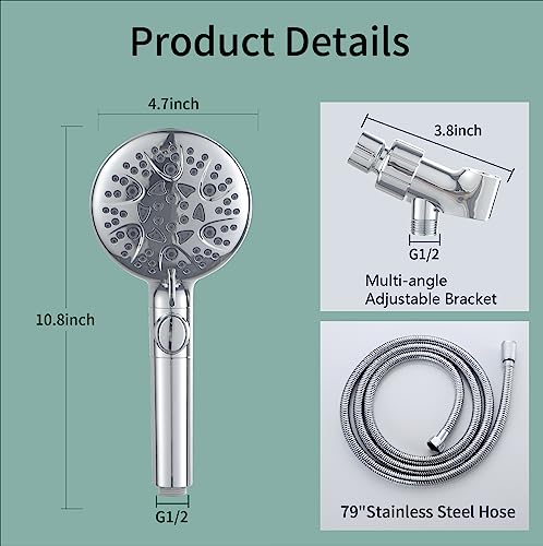 Handheld Shower Head with 79inch Extra Long Hose,ON OFF Switch. | 8 Spray Settings High Pressure Detachable Showerhead,Built-in Power Sprayer to Clean Pets, Adjustable Angle Bracket,Silver