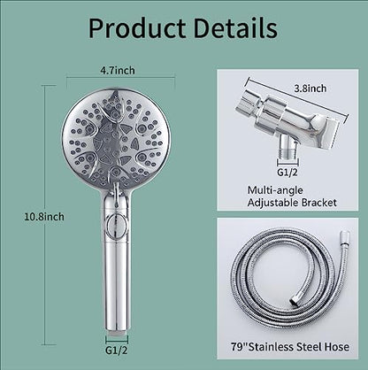Handheld Shower Head with 79inch Extra Long Hose,ON OFF Switch. | 8 Spray Settings High Pressure Detachable Showerhead,Built-in Power Sprayer to Clean Pets, Adjustable Angle Bracket,Silver