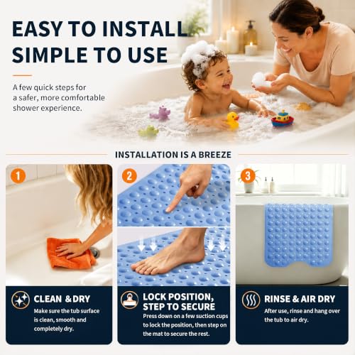 Yimobra Non Slip Bathtub Mat 40 x 16 Inch, Extra Long Shower Mat with Drain Holes, Machine Washable Baby Bath Mats, Strong Suction Cups for Bathroom Floor, Blue - color: Blue
