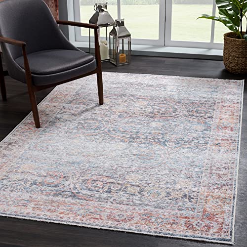Bloom Washable Non-Slip 2x3 Blue/Red Boho Rug - Bathroom, Kitchen, Entryway - color: Ocean Blue / Brick, size: 2' x 3' (Rectangular)