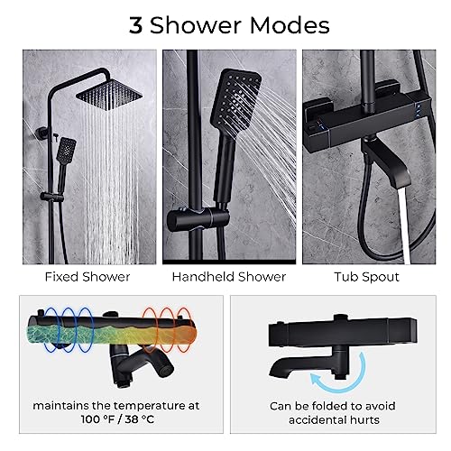 Thermostatic Outdoor Shower Fixtures System SUS304 Matte Black,Wall Mount Triple Function, with Adjustable Hand Sprayer and Tub Spout 8 inches Rainfall Shower Faucet, Square-Shaped,Bathroom