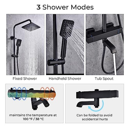 Thermostatic Outdoor Shower Fixtures System SUS304 Matte Black,Wall Mount Triple Function, with Adjustable Hand Sprayer and Tub Spout 8 inches Rainfall Shower Faucet, Square-Shaped,Bathroom