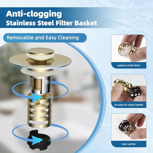 Universal Upgraded Bathroom Sink Drain Stopper Hair Catcher, Brushed Gold | 4-IN-1 Pop-Up Sink Strainer with 2-Layer Removable Stainless Steel Basket, Anti-Clog Drain Plug for 1.1"-2.36" Basin - color: Brushed Gold