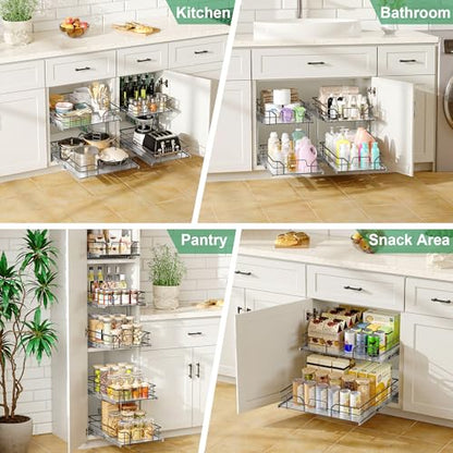 2-Tier Pull Out Cabinet Organizer (11" W x 22" D) | Soft Close Cabinet Slide Out Shelves, Heavy Duty Slide Out Drawers with Shelf Liner for Kitchen Cabinets, Pantry, Bathroom - size: 11"W x 22''D