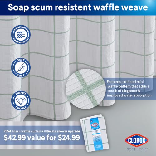 Clorox Bathroom Waffle Windowpane Pattern Shower Curtain with Waterproof Lightweight PEVA Liner Set, Standard Size, Metal Grommets, No Hooks 72" x 72" - 2 Pc Set - Sage Green w Frosty PEVA - color: Sage Green Waffle Windowpane - Standard