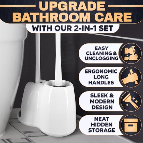 2 in 1 Toilet Plunger and Brush Set White, 9.3×6.3×15.2 in | Toilet Brush and Plunger Set White with Stiff Bristles, Strong Vacuum Suction and Holder, Easy to Place and Simple to Store - color: White With Plunger