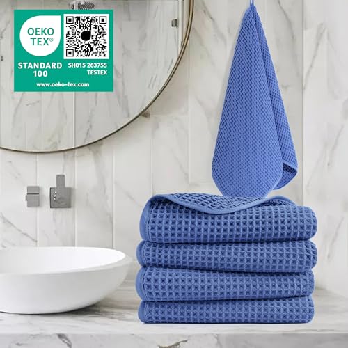 POLYTE 430 GSM Poly Blend Microfiber Quick Dry Waffle Hand Towel, 16x30 in | 4 Pack, Oversize, Lint Free, Quick Dry, Hanging Loop - color: Royal Blue