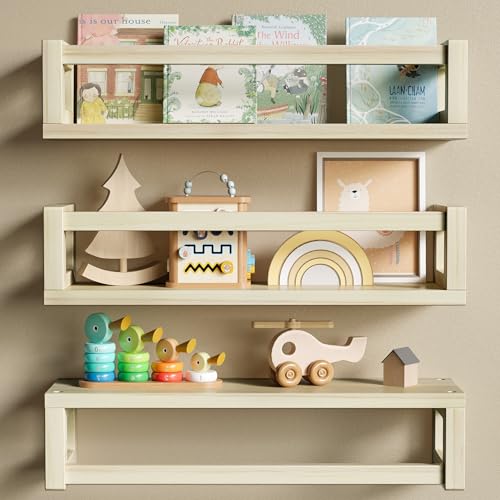 3Pack Solid Wood Floating Shelves for Wall, Nursery Bookshelf NaturalPoplar | Durable Solid Wood Construction, Deep Shelf Space for Books, Toys, Plants, Photos and Kitchen Storage - color: Natural Poplar, size: 15.75 Inch