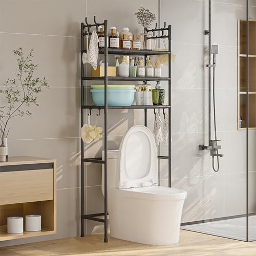 3-Tier Over-The-Toilet Storage Shelf - Sturdy Stainless Steel Bathroom Organizer for Toiletries, Towels & Essentials - Space-Saving Design - color: Black