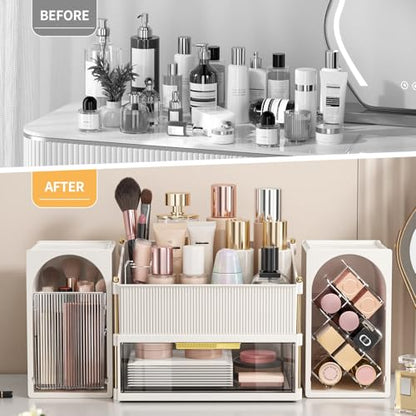 INVSSENE Stackable Makeup Organizer Countertop, Storage Perfume Skincare Cosmetic Lipstick Face Mask Makeup Brush Palettes, Ideal for Vanity Bathroom Counter - color: 3516 White+Clear