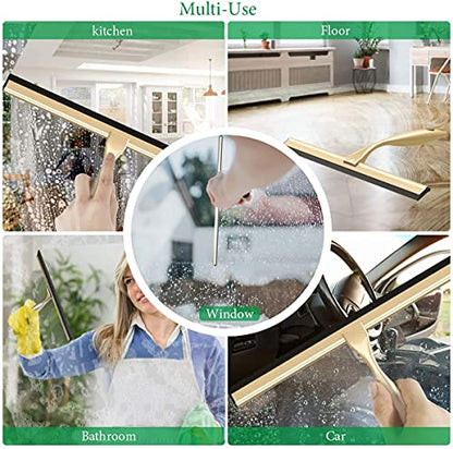 OPERNEE Shower Squeegee with Self Adhesive Hook, 10 Inches Stainless Steel Squeegee Cleaner, All-Purpose Window Scraper for Bathroom Doors, Mirror, Windows and Car Glass, Brushed Gold