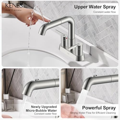 Brushed Nickel Pull Down Centerset Bathroom Faucet 2 Handle 3 Hole | Pull Out Bathroom Faucet with Pop Up Drain & Supply Lines, Lead-Free cUPC & NSF Certified, 4 Inch Faucet for Vanity RV Sink - color: Brushed Nickel