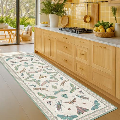 Hazo Haus Washable Non Slip Bathroom Runner Rug 2x5, Insect Boho Bath Mat, Stain Resistant Low Pile Butterfly Insect Print Rugs for Laundry Room, Powder Room, Beige Green - color: Beige Green, size: 2' x 5' (Runner)