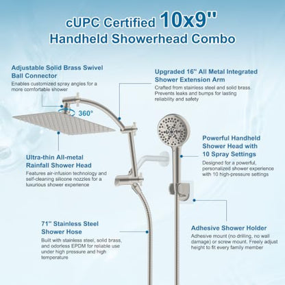 Hibbent Metal 10" High Pressure Rain Shower Head Combo, Brushed Nickel | cUPC Certified Rainfall Shower Head with handheld 10 Sprays, 16'' Adjustable Extension Arm, 71'' Hose, Showerhead Holder - color: Brushed Nickel, style: Square 10''