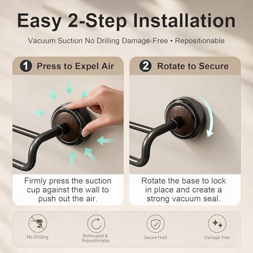 Double Pole No Drill Wall Mounted Towel Racks - Suction Cup Towel Bar for Bathroom Kitchen RV, Rustproof Stainless Steel Bathroom Hardware Set, Quick Setup Convenience(Matte Black,60cm/23.6in) - color: Matte Black, size: 60cm/23.6in