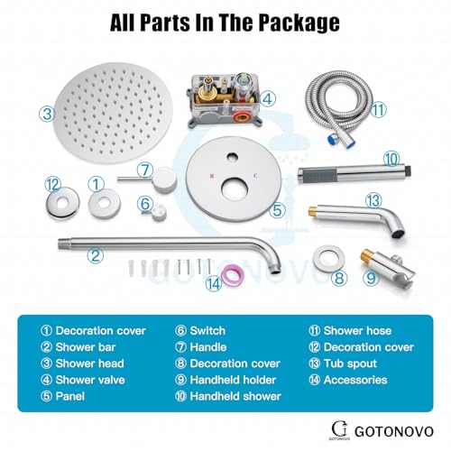 gotonovo Tub Shower Faucet Set with Valve,Polish Chrome,Straight Handheld | 10” Rain Shower Head with Handheld Trim Kit,Luxury Shower System with Tub Spout,All Metal,Bathroom Wall Mounted 3 Function - color: Chrome