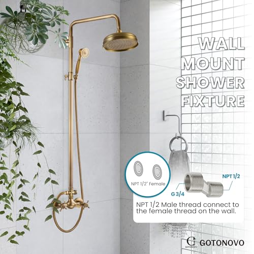 gotonovo Exposed Shower System Wall Mount,Antique Brass,Metal Handheld | 8” Rain Shower Head Faucet Set Fixtures,2 Function,Two Cross Handle,Height Adjustable,for 5-6.7" Hole,Indoor Victorian Retro - color: Antique Gold