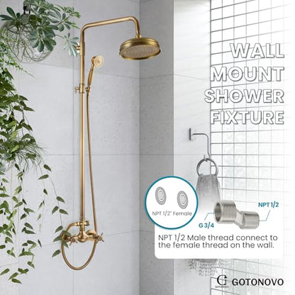 gotonovo Exposed Shower System Wall Mount,Antique Brass,Metal Handheld | 8” Rain Shower Head Faucet Set Fixtures,2 Function,Two Cross Handle,Height Adjustable,for 5-6.7" Hole,Indoor Victorian Retro - color: Antique Gold