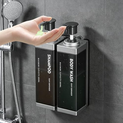 Wall Mounted Lockable Shampoo and Conditioner Dispenser | 17oz Large Pump Head No Drill Refillable ABS Plastic Bottle For Bathroom Shower Commercial Use Silver 2 Pack - color: Silver, size: 2