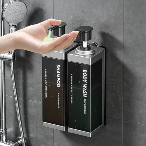 Wall Mounted Lockable Shampoo and Conditioner Dispenser | 17oz Large Pump Head No Drill Refillable ABS Plastic Bottle For Bathroom Shower Commercial Use Silver 2 Pack - color: Silver, size: 2