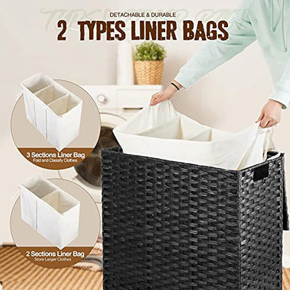Greenstell Laundry Hamper with Lid, 125L Large Clothes Hamper with 3 Section & 2 Section Removable Liner Bags & 5 Mesh Laundry Bags, Handwoven Synthetic Rattan Divided Laundry Basket, Black - color: Black