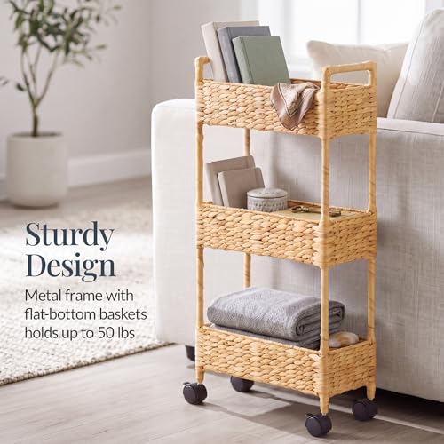 Best Choice Products 3-Tier Slim Water Hyacinth Rolling Nursery Caddy w/Wheels, Handwoven Utility Cart, Narrow Storage Organization for Bathroom, Craft Room, Laundry Room - Natural - color: Natural