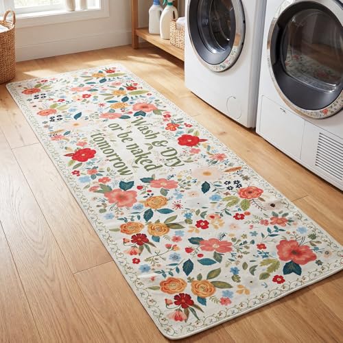 Laundry Room Runner Rug 20"x 60" Non Slip Diatomaceous Mat with Vintage Floral Design Extra Long Waterproof Floor Mat for Laundry Room, Kitchen, Mudroom & Bathroom Decor(White) - color: White