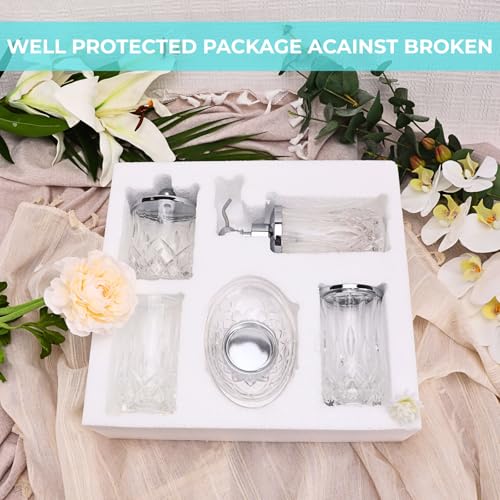 Clear Bathroom Accessories, Round Thick Glass & Metal Pump | Beautiful & weight, 5 pcs soap dispenser, toothbrush holder, soap dish, tumbler & jar, for mission/amish style - style: Round(Clear)