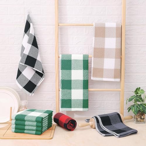 Homaxy 100% Cotton Waffle Weave 4 Pack Kitchen Towels, 13" x 28 | White & Dark Green, Waffle Weave, Plaid, Super Soft and Absorbent Dish Towels, Quick Drying - color: White & Dark Green, size: 13 x 28 - 4 Pack