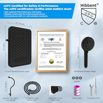 Hibbent 13'' 5-spray Rain Shower Head with 10-Spray Handheld, Matte Black | cUPC Certified High Pressure Dual Showerhead Combo, Upgraded Rainfall Shower Head, 12'' Extension Arm, 71'' Hose & Holder - color: Matte Black, style: Square 13''