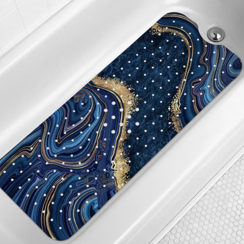 LNOND Marble Bath Tub Mat Non Slip, Extra Long 40 X 16 Inch Anti Slip Mat for Bathtub, Blue Luxury Marble Shower Mat with Drain Holes and Suction Cups, Machine Washable - color: Black Gold Marble