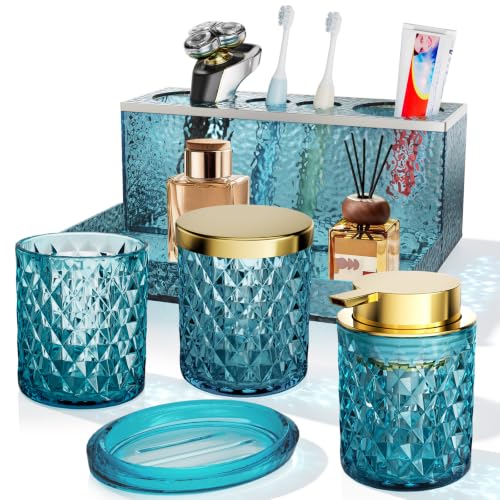 Glass Bathroom Accessories Set 5Pcs Crystal - Foaming Soap Dispenser, Soap Dish, Cup, Acrylic Toothbrush Holder with Tray Organizer, Qtip Jar, Bathroom Counter Set Sink Decor (Teal) - color: Teal