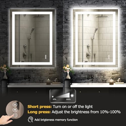 Hivone 28"X32" LED Bathroom Mirror with Lights, Anti-Fog, Dimmable, Backlit + Front Lit, Smart Bathroom Vanity Mirror, Memory Function, Shatterproof, Tempered Glass (Horizontal/Vertical) - size: 28"L x 32"W