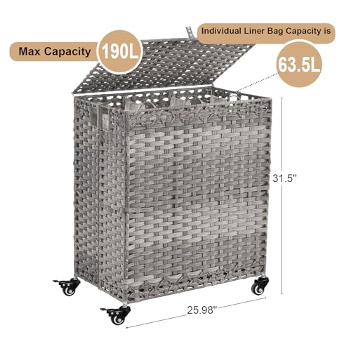Laundry Hamper with Wheels&Lid, 50.2 Gallons(190L) Rolling Laundry Basket with Wheels, 3-Section Laundry Hamper, Handwoven Rattan Clothes Hamper with 6 Removable Liner& 3 Mesh Laundry Bags, Grey - color: Grey