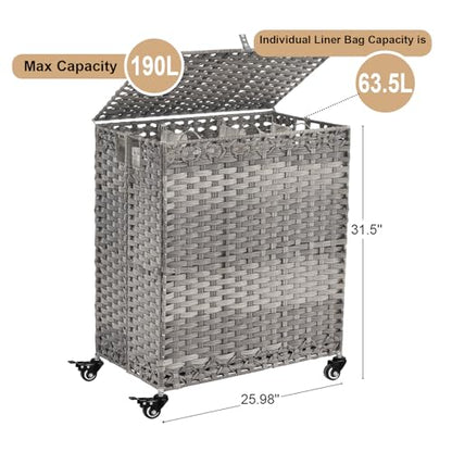Laundry Hamper with Wheels&Lid, 50.2 Gallons(190L) Rolling Laundry Basket with Wheels, 3-Section Laundry Hamper, Handwoven Rattan Clothes Hamper with 6 Removable Liner& 3 Mesh Laundry Bags, Grey - color: Grey