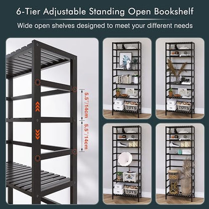 HITNET Bamboo Bookshelf, 6-Tier Tall Open Bookcase with Adjustable Shelves, Floor Standing Storage Shelf Unit for Living Room Bathroom Home Office, Black - color: Black
