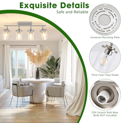 FadimiKoo 4-Lights Brushed Nickel Kitchen Lighting Fixtures Ceiling, Black Semi Flush Mount Ceiling Light with Clear Glass Shades, Adjustable Close to Ceiling Lamp for Dining Room Hallway Bedroom - color: Brushed Nickel, size: 4-Lights