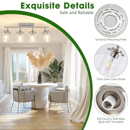 FadimiKoo 4-Lights Brushed Nickel Kitchen Lighting Fixtures Ceiling, Black Semi Flush Mount Ceiling Light with Clear Glass Shades, Adjustable Close to Ceiling Lamp for Dining Room Hallway Bedroom - color: Brushed Nickel, size: 4-Lights