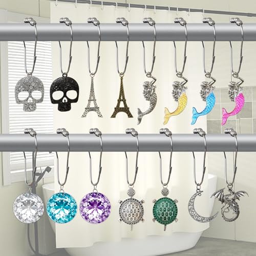 Skull Shower Curtain Hooks Decorative Rings for Bathroom Halloween Skeleton Bath Decor Stainless Steel Rustproof Shower Hanger Pack of 12 (Silver) - size: Skull