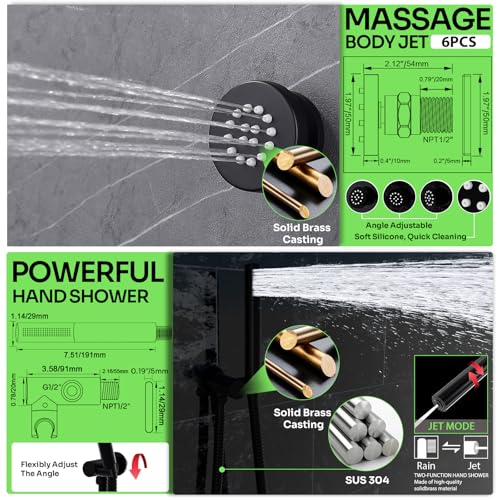 HOMEDEC 16" Round Rain Shower System with Dual 6" Wall Mounted Shower Head, 5 Way Shower Valve with 2-Function Handheld Shower and Body Jets, Black - color: Black, style: 5-Way + 2x 6" Top