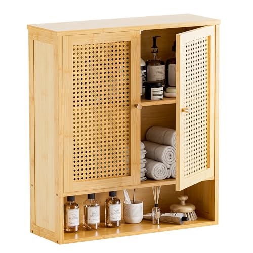 HITNET Rattan Hanging Bathroom Cabinet, Wall Mounted Bamboo Bathroom Cabinet with Double Doors and Adjustable Shelves, Storage Over the Toilet for Kitchen, Living Room, Laundry Room, Natural - color: Natural