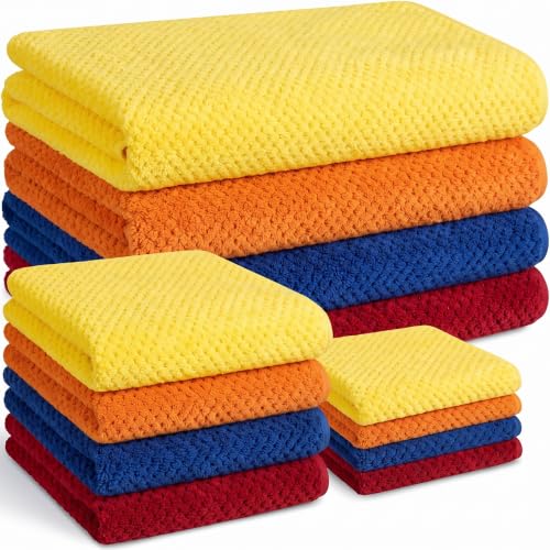 Preboun 4 Sets Bath Towels and Washcloths for Bathroom,Bright | 12 Pcs Microfiber Quick Dry Coral Fleece Highly Absorbent for College Dorm Beach Pool Spa Fitness Sports Shower Travel Hotel - color: Bright