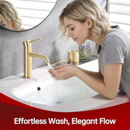 SUMERAIN Bathroom Sink Faucet Brushed Gold Single Handle Single Hole | Lead-Free, Stainless Steel, with Faucet Supply Lines, Easy DIY Install - color: Brushed Gold, size: Undermount Sink faucet