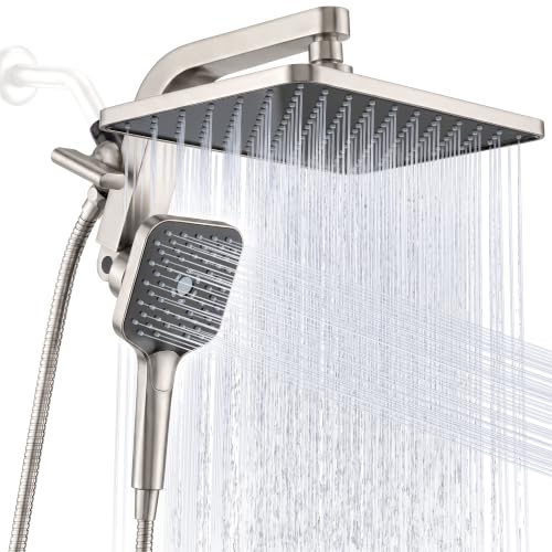 12" XXL Rainfall Shower Head with Handheld Combo Set, Nickel Brushed | High Pressure, Magnetic Docking, Air-Infusion Tech, Anti-Leak One-Piece Design, Dual Square Showerhead - color: Nickel Brushed