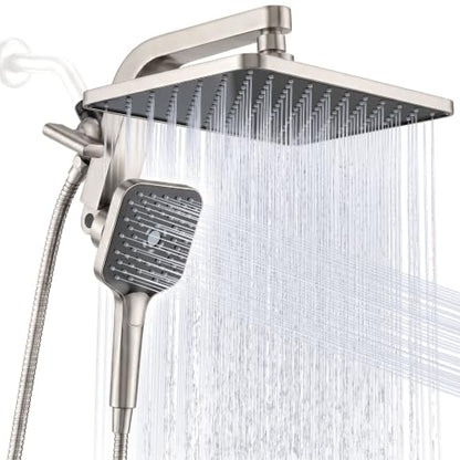 12" XXL Rainfall Shower Head with Handheld Combo Set, Nickel Brushed | High Pressure, Magnetic Docking, Air-Infusion Tech, Anti-Leak One-Piece Design, Dual Square Showerhead - color: Nickel Brushed