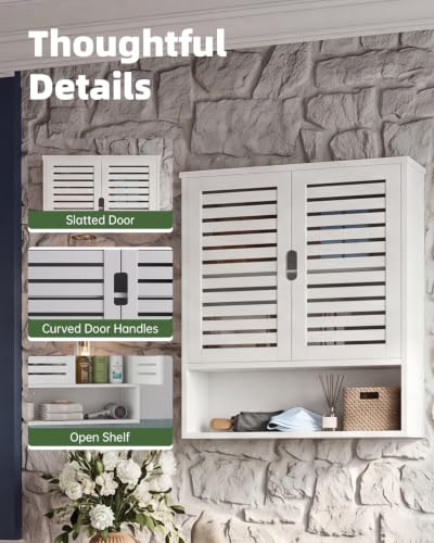 SMIBUY Bathroom Cabinet Wall Mounted, Bamboo Over-The-Toilet Storage Organizer, Space Saver Medicine Cabinet with 2 Door and Adjustable Shelves (White) - color: White