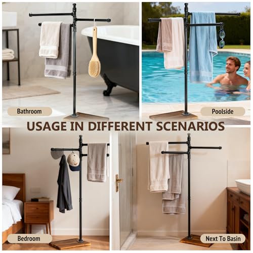 Hjarta Standing Towel Rack for Bathroom, 360° Swivel Freestanding Towel Holder with Wooden Base, 3 Rotating Arms for Bath Sheets & Pool, No-Drill Farmhouse Floor Stand for Spa, Bedroom