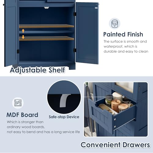 BOTLOG 67'' Tall Bathroom Storage Cabinet, Linen Cabinet with Glass Doors and Adjustable Shelves, Kitchen Pantry with 2 Drawers for Bathroom, Living Room, Dining Room, Blue | 2 Drawers, Linen Bathroom Cabinet with Glass Doors and Shelves for Living Room,