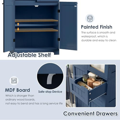 BOTLOG 67'' Tall Bathroom Storage Cabinet, Linen Cabinet with Glass Doors and Adjustable Shelves, Kitchen Pantry with 2 Drawers for Bathroom, Living Room, Dining Room, Blue | 2 Drawers, Linen Bathroom Cabinet with Glass Doors and Shelves for Living Room,