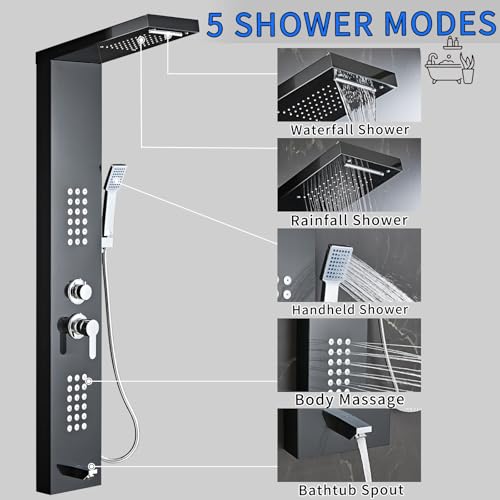 5-in-1 Shower Panel Tower System - Brushed Black | 304 stainless steel Shower Panel Tower Column with Powerful Body Jets, Rainfall, Waterfall,Handheld and Tub Spout - color: Brushed Black, style: LSH-8001